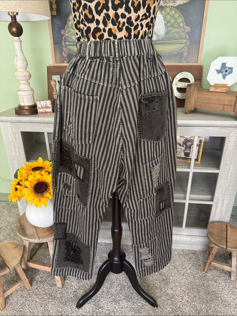 NWT Blue Velvet Striped Patchwork Pants in Black and Gray - Picture 5 of 14